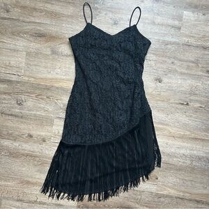 Vintage 80s Great Gatsby Black Lace Fringe Dress
